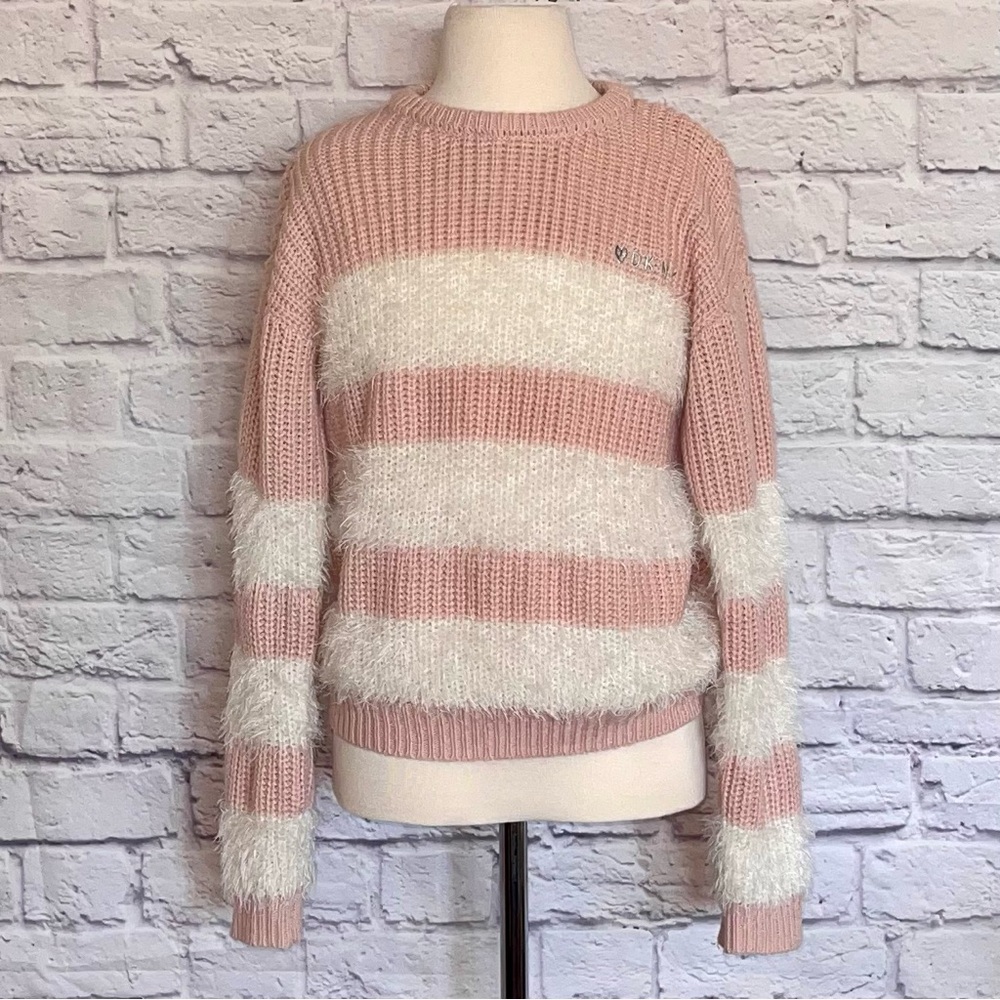 DKNY Girls Pink & White Striped Eyelash Sweater, Size Large -12 EUC
